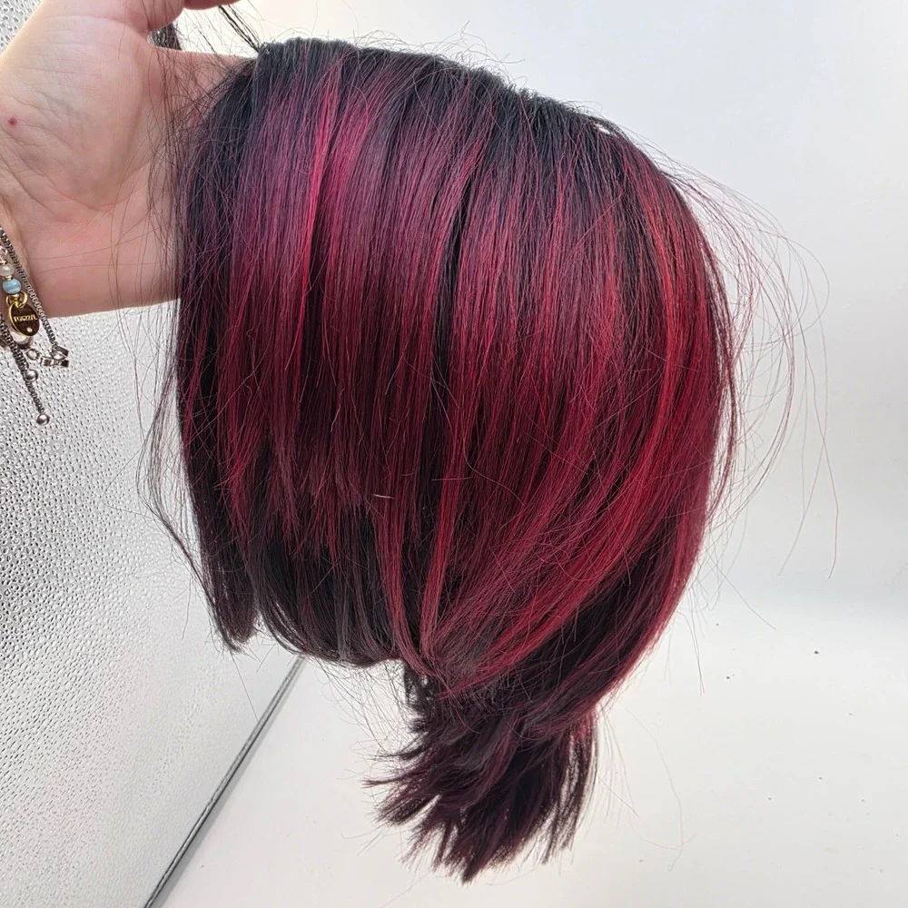 Short Burgundy Red Ombre Bob Wig Lace Front Black Roots Straight Synthetic Hair